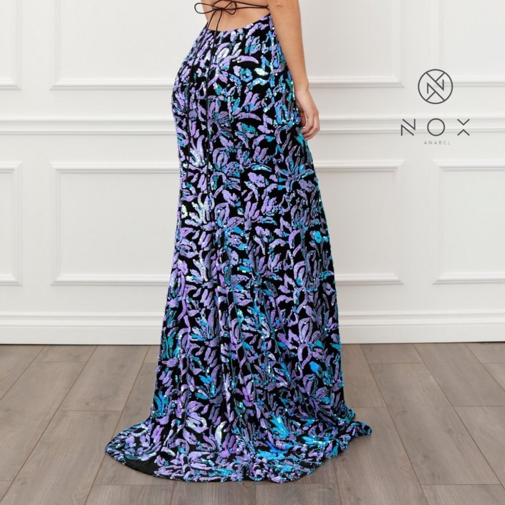 NWT BLUE MULTI  Illusion V-Neck Sheath Shape Prom Dress NXR427 - Picture 6 of 10